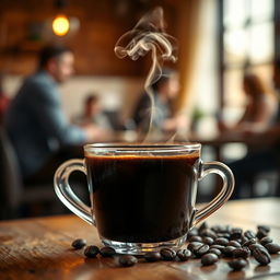 A close-up of a steaming cup of rich, dark coffee placed on a wooden table, with a few coffee beans scattered nearby