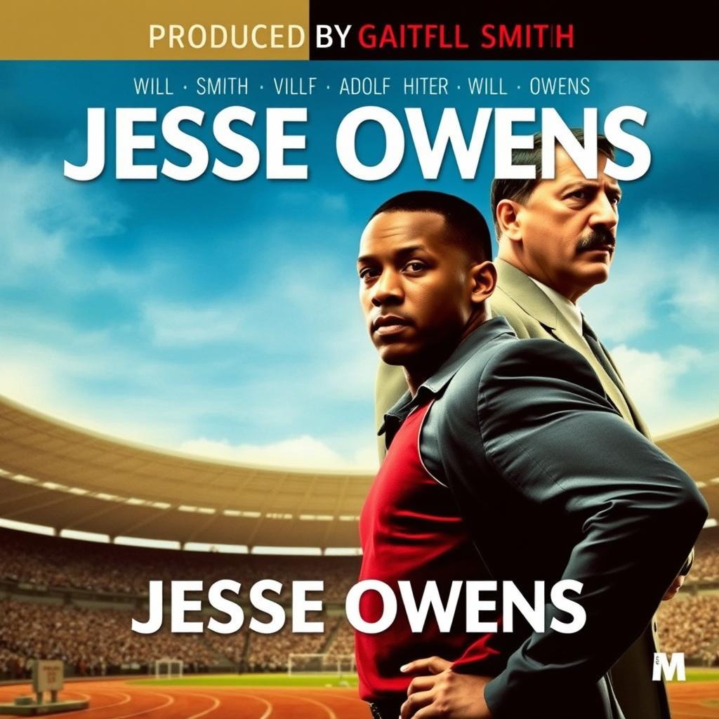 A powerful movie poster for "Jesse Owens" produced by Gaumont, featuring Gerard Depardieu as Adolf Hitler and Will Smith as Jesse Owens