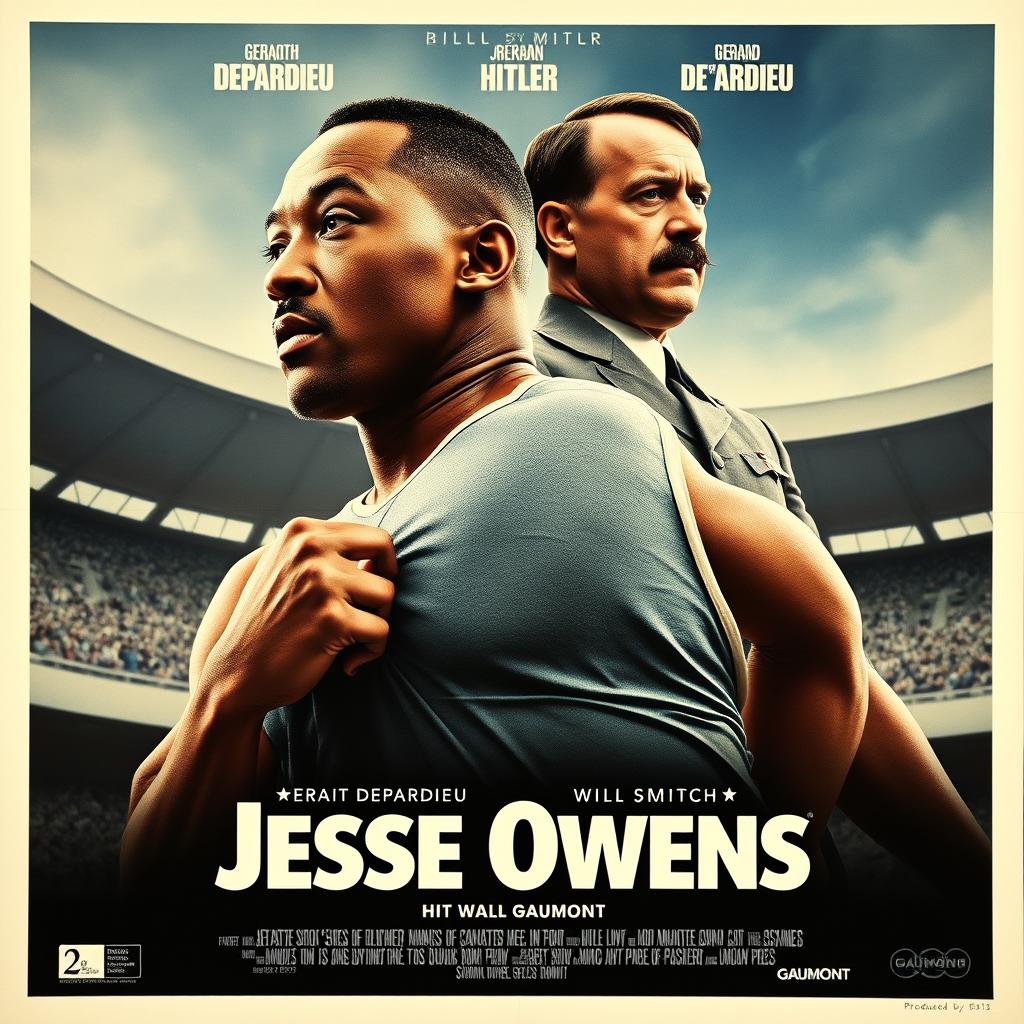 A powerful movie poster for "Jesse Owens" produced by Gaumont, featuring Gerard Depardieu as Adolf Hitler and Will Smith as Jesse Owens