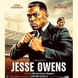 A powerful movie poster for "Jesse Owens" produced by Gaumont, featuring Gerard Depardieu as Adolf Hitler and Will Smith as Jesse Owens