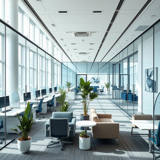 A modern office interior design featuring sleek glass partitions, ergonomic furniture, large windows letting in natural light, and a minimalistic color palette of white, gray, and accents of blue