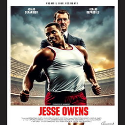 A powerful movie poster for "Jesse Owens" produced by Gaumont, featuring Gerard Depardieu as Adolf Hitler and Will Smith as Jesse Owens