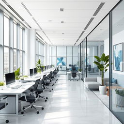 A modern office interior design featuring sleek glass partitions, ergonomic furniture, large windows letting in natural light, and a minimalistic color palette of white, gray, and accents of blue