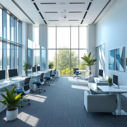 A modern office interior design featuring sleek glass partitions, ergonomic furniture, large windows letting in natural light, and a minimalistic color palette of white, gray, and accents of blue