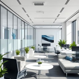 A modern office interior design featuring sleek glass partitions, ergonomic furniture, large windows letting in natural light, and a minimalistic color palette of white, gray, and accents of blue