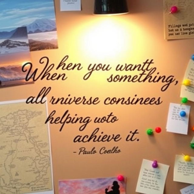 An artistic display of the quote 'When you want something, all the universe conspires in helping you to achieve it