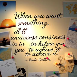 An artistic display of the quote 'When you want something, all the universe conspires in helping you to achieve it