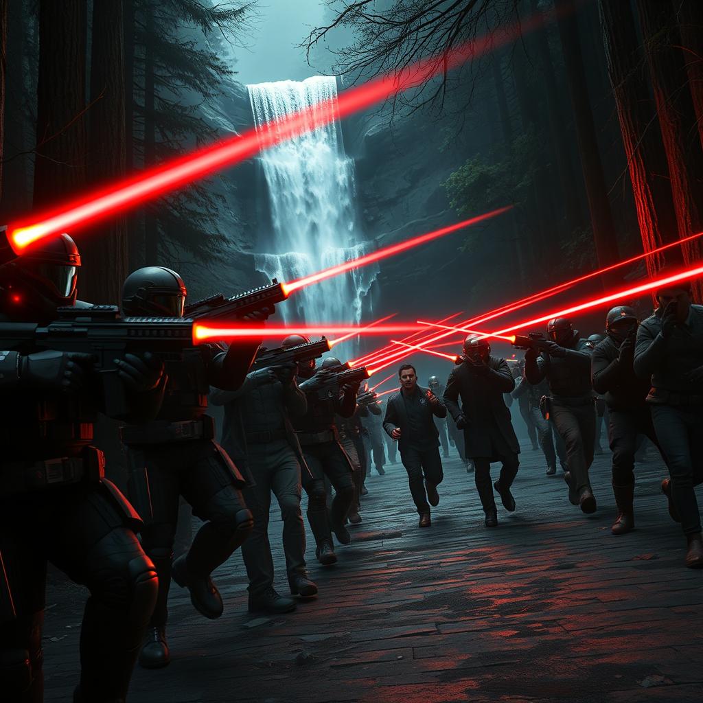 A dramatic scene of civilians running in fear from soldiers wielding futuristic laser guns