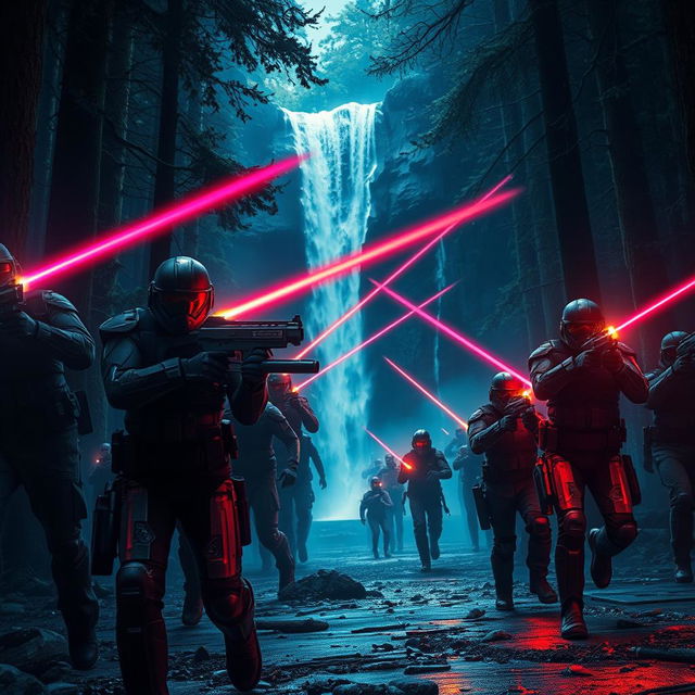 A dramatic scene of civilians running in fear from soldiers wielding futuristic laser guns