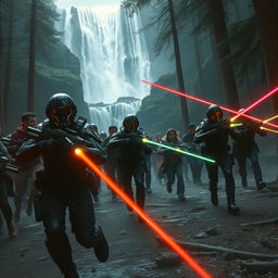 A dramatic scene of civilians running in fear from soldiers wielding futuristic laser guns