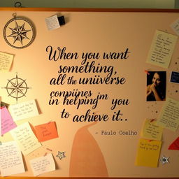 An artistic vision board featuring the quote 'When you want something, all the universe conspires in helping you to achieve it