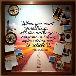 An artistic vision board featuring the quote 'When you want something, all the universe conspires in helping you to achieve it