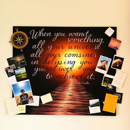 An artistic vision board featuring the quote 'When you want something, all the universe conspires in helping you to achieve it