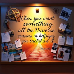 An artistic vision board featuring the quote 'When you want something, all the universe conspires in helping you to achieve it