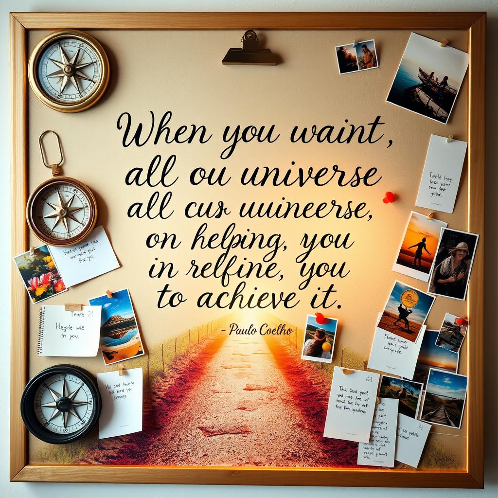 An artistic vision board featuring the quote 'When you want something, all the universe conspires in helping you to achieve it