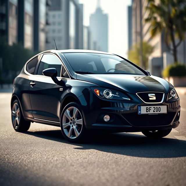 A sleek 2007 black Seat Ibiza parked in an urban street setting, showcasing its sporty design with sharp lines and a modern silhouette