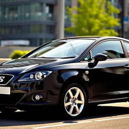 A sleek 2007 black Seat Ibiza parked in an urban street setting, showcasing its sporty design with sharp lines and a modern silhouette