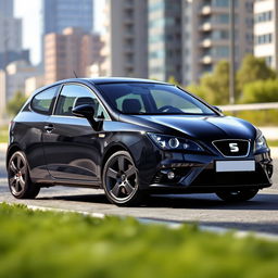 A sleek 2007 black Seat Ibiza parked in an urban street setting, showcasing its sporty design with sharp lines and a modern silhouette