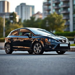 A sleek 2007 black Seat Ibiza parked in an urban street setting, showcasing its sporty design with sharp lines and a modern silhouette