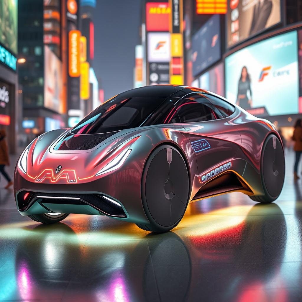 A futuristic car design, featuring sleek and aerodynamic lines, integrated solar panels, and a smooth, metallic finish that shines under futuristic city lights