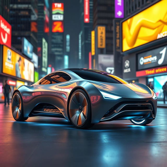 A futuristic car design, featuring sleek and aerodynamic lines, integrated solar panels, and a smooth, metallic finish that shines under futuristic city lights