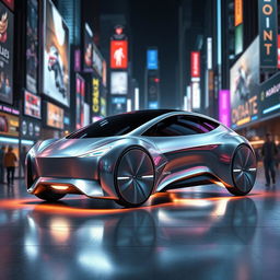 A futuristic car design, featuring sleek and aerodynamic lines, integrated solar panels, and a smooth, metallic finish that shines under futuristic city lights