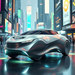 A futuristic car design, featuring sleek and aerodynamic lines, integrated solar panels, and a smooth, metallic finish that shines under futuristic city lights