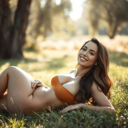 A beautiful Israeli woman aged between 35 to 45, with oily skin and a charming smile, appears alluring as she rests on the grass