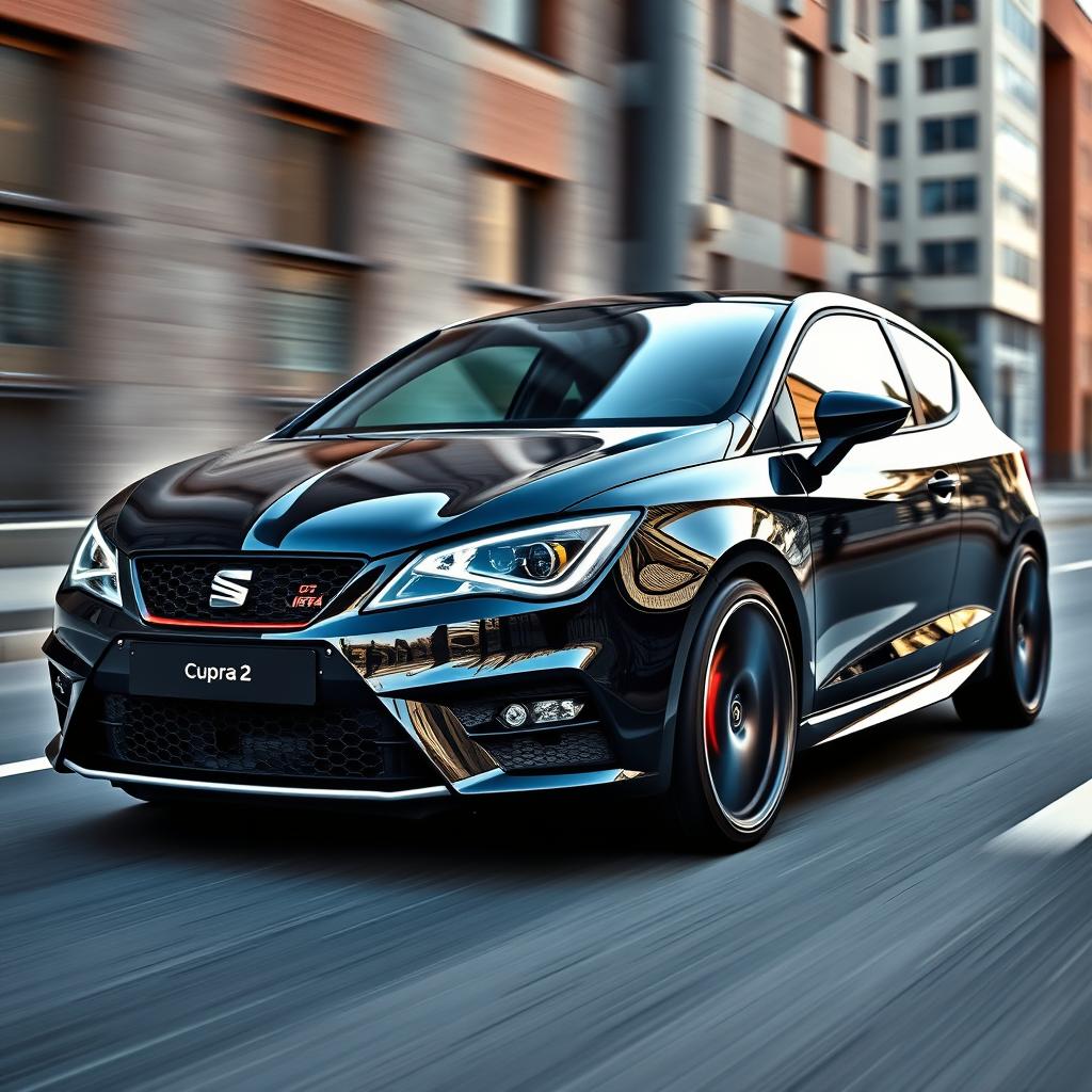 A Seat Ibiza Cupra 2, featuring a sleek black exterior with contrasting white body accents, set against a dynamic urban backdrop