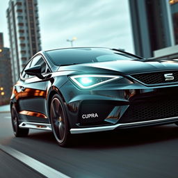 A Seat Ibiza Cupra 2, featuring a sleek black exterior with contrasting white body accents, set against a dynamic urban backdrop