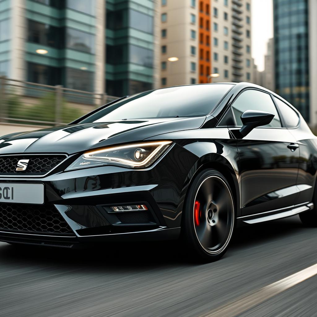 A Seat Ibiza Cupra 2, featuring a sleek black exterior with contrasting white body accents, set against a dynamic urban backdrop