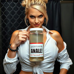 Close-up shot of a gorgeous female with blonde hair styled in a bun, wearing a white shirt tied in front, emphasizing her large chest and cleavage