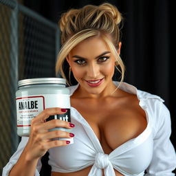 Close-up shot of a gorgeous female with blonde hair styled in a bun, wearing a white shirt tied in front, emphasizing her large chest and cleavage