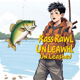 A dynamic, art realistic fishing scene featuring a young Asian fisherman with narrow eyes and an enthusiastic expression, capturing the thrill of catching a bass