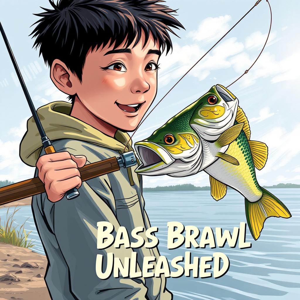 A dynamic, art realistic fishing scene featuring a young Asian fisherman with narrow eyes and an enthusiastic expression, capturing the thrill of catching a bass