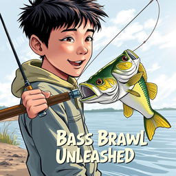 A dynamic, art realistic fishing scene featuring a young Asian fisherman with narrow eyes and an enthusiastic expression, capturing the thrill of catching a bass