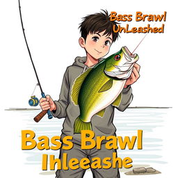 A dynamic, art realistic fishing scene featuring a young Asian fisherman with narrow eyes and an enthusiastic expression, capturing the thrill of catching a bass