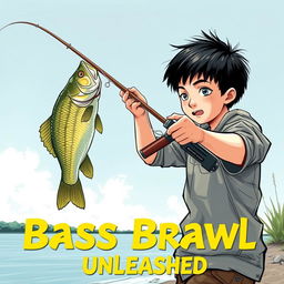 A dynamic, art realistic fishing scene featuring a young Asian fisherman with narrow eyes and an enthusiastic expression, capturing the thrill of catching a bass