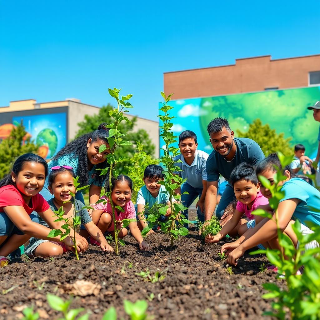 A powerful image symbolizing future aspirations of making a meaningful impact on the world, featuring a diverse group of volunteers planting trees in a community park