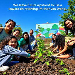 A powerful image symbolizing future aspirations of making a meaningful impact on the world, featuring a diverse group of volunteers planting trees in a community park