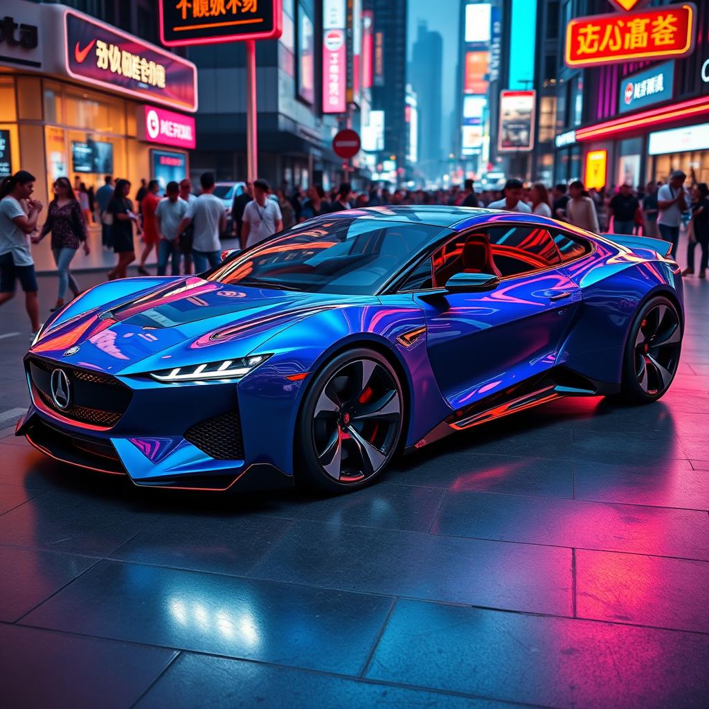 A futuristic sports sedan, featuring a sleek and aggressive design with sharp angles and smooth curves