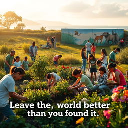 An evocative image symbolizing the desire to leave the world better than you found it, featuring a serene landscape where a diverse group of people are engaged in various acts of kindness and community service