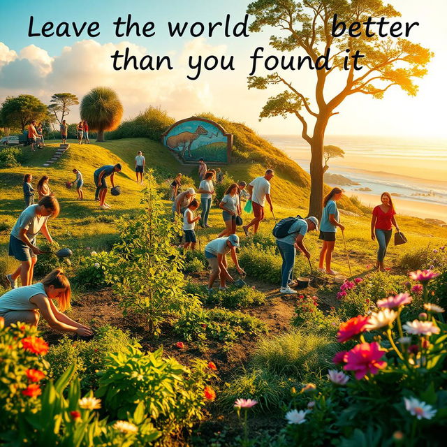 An evocative image symbolizing the desire to leave the world better than you found it, featuring a serene landscape where a diverse group of people are engaged in various acts of kindness and community service