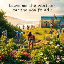 An evocative image symbolizing the desire to leave the world better than you found it, featuring a serene landscape where a diverse group of people are engaged in various acts of kindness and community service