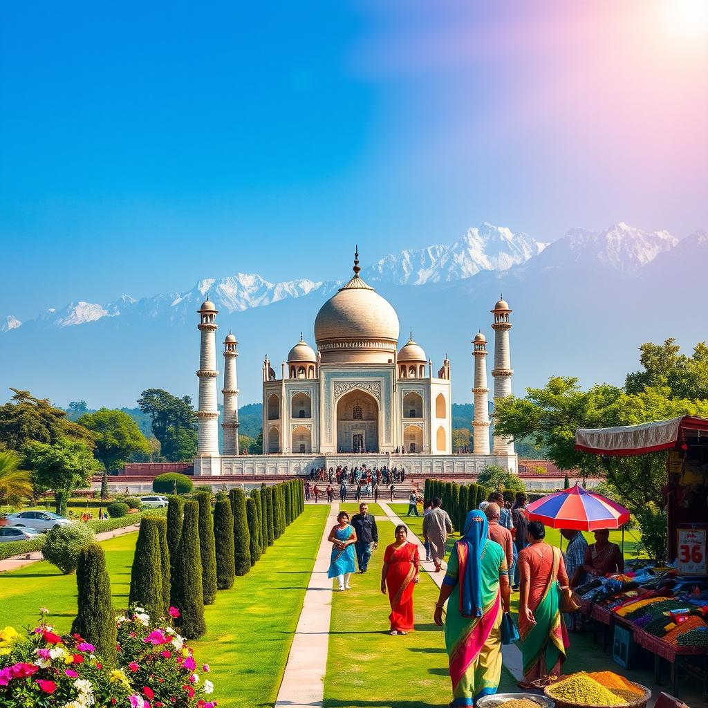 A breathtaking landscape of India, featuring the Taj Mahal in the foreground surrounded by lush gardens and blooming flowers, showcasing intricate Mughal architecture