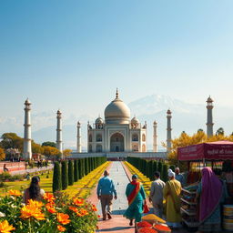 A breathtaking landscape of India, featuring the Taj Mahal in the foreground surrounded by lush gardens and blooming flowers, showcasing intricate Mughal architecture