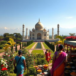 A breathtaking landscape of India, featuring the Taj Mahal in the foreground surrounded by lush gardens and blooming flowers, showcasing intricate Mughal architecture