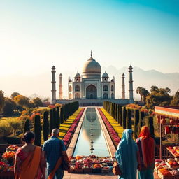 A breathtaking landscape of India, featuring the Taj Mahal in the foreground surrounded by lush gardens and blooming flowers, showcasing intricate Mughal architecture