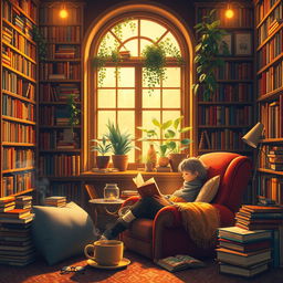 An enchanting scene celebrating the love of books, showcasing a cozy library filled with towering bookshelves crammed with colorful volumes