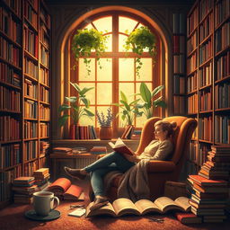 An enchanting scene celebrating the love of books, showcasing a cozy library filled with towering bookshelves crammed with colorful volumes